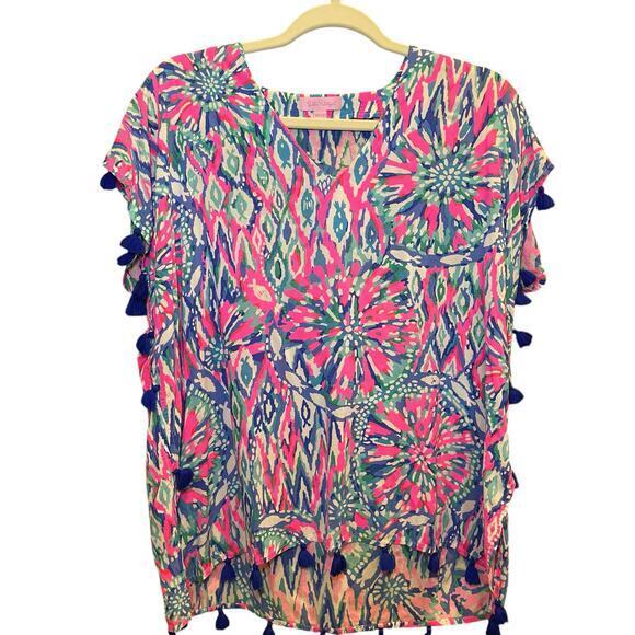 Lilly Pulitzer Women XS Top Tunic‎ Short Sleeve Sydney Caftan Pink Blue Tassels - Picture 8 of 16